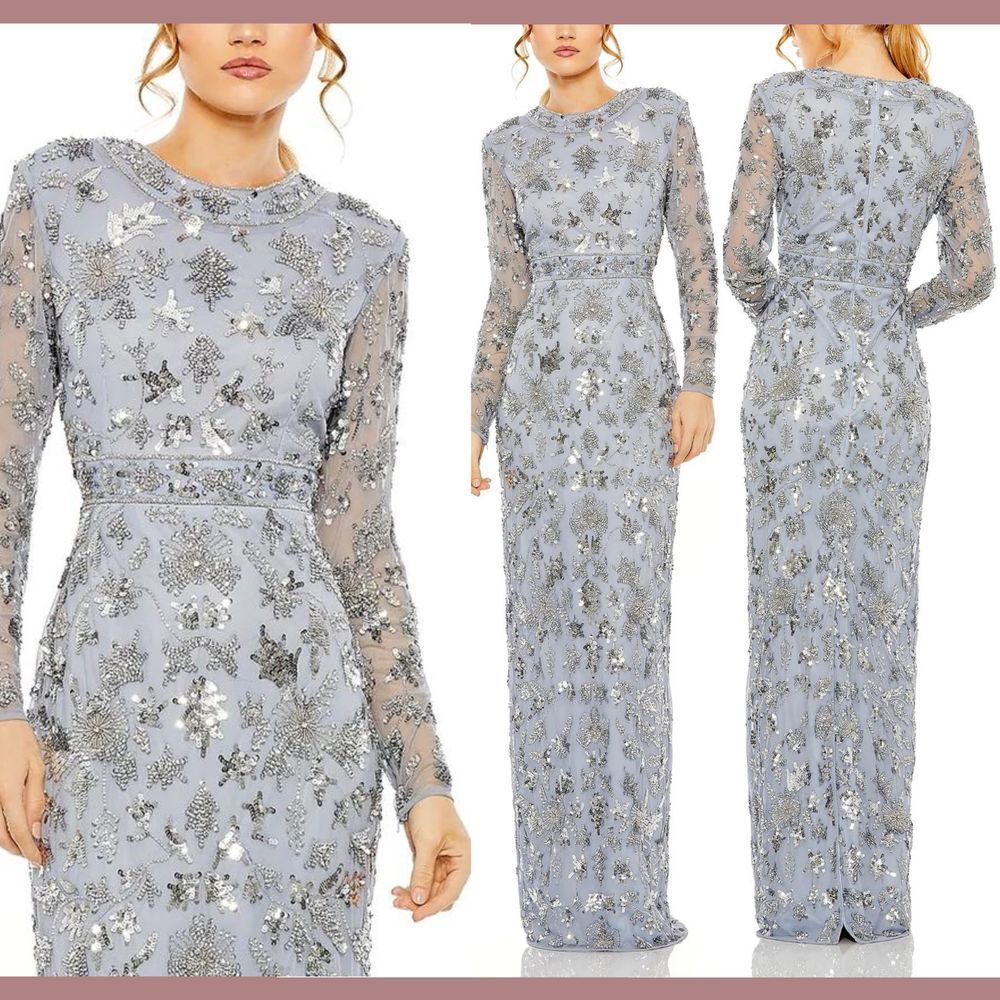 NWT $798 Mac Duggal [ 10 ] 93939 High Neck Long Sleeve Embellish Gown Slate Blue